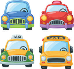 Fototapeta premium Cartoon vehicles, blue car, red emergency car, green taxi, yellow school bus, vector illustration, transportation icons, urban traffic, kids theme, colorful design