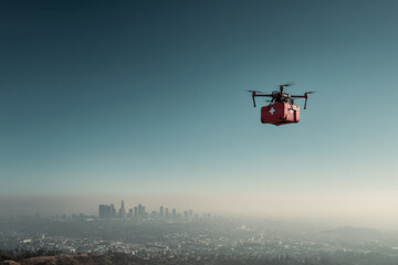 drone is transporting patient to hospital in seamless aerial journey above city