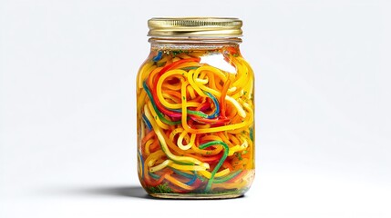 Colorful preserved vegetables in a jar, featuring an array of spiralized squash in a pickling liquid, displayed against a bright white backdrop.