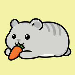 A cute cartoon hamster lying down and eating a carrot, with a satisfied expression, against a light yellow background.
