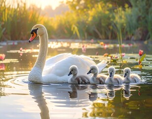 A serene scene of a swan family gracefully gliding across a tranquil pond bathed in the golden light of dawn.