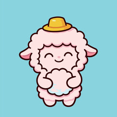 A cute cartoon sheep with a yellow hat, holding a fluffy white cloud, with a serene and happy expression on a light blue background.