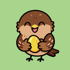 A cute cartoon sparrow with brown and white feathers, happily hugging a golden yellow egg, against a light green background.