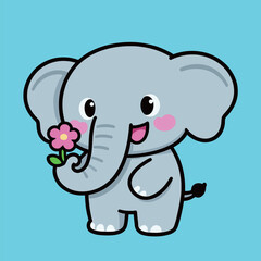 A cute and happy cartoon baby elephant with large ears and a trunk, holding a pink flower on a vibrant blue background.