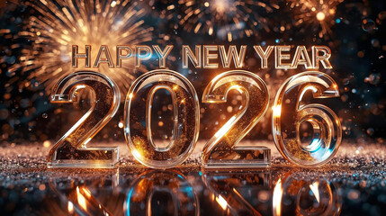 festive image of Happy New Year 2026 written in glowing starlight across a cosmic galaxy sky with planets, stars, and colorful nebula clouds.