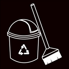 White Outline Vector of Trash Bin with Recycle Symbol and Upright Broom on Black Background, Minimalist Cleaning Equipment and Eco Waste Management Icon © DWH-Studio