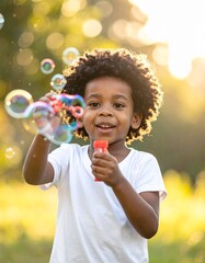 A child playing with soap bubbles outdoors, sunlight reflecting on the bubbles, blurred green park background.