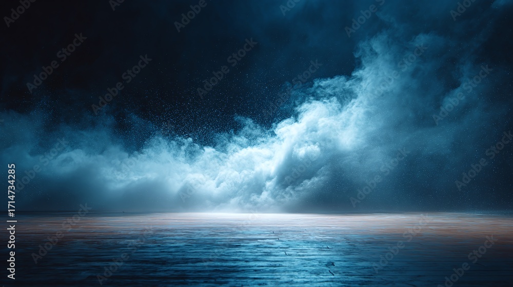 Poster atmospheric stage illuminated by ethereal light, cloud-like formations in deep blue, creating a surr