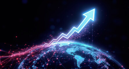 Futuristic global business growth concept with a glowing upward arrow and holographic globe, symbolizing digital innovation, connectivity, and success.