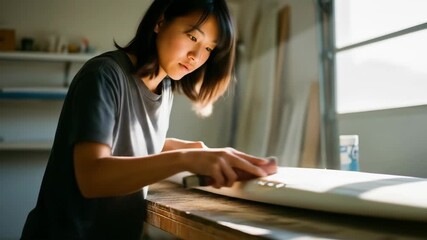 Woman Sanding Surfboard With Concentrated Expression Under Natural Sunlight in Workshop - Powered by Adobe