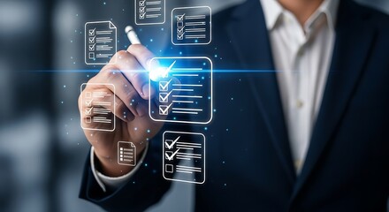 Businessman interacting with a digital checklist on a futuristic interface