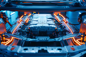 High-tech lithium battery module integrated in futuristic electric vehicle platform