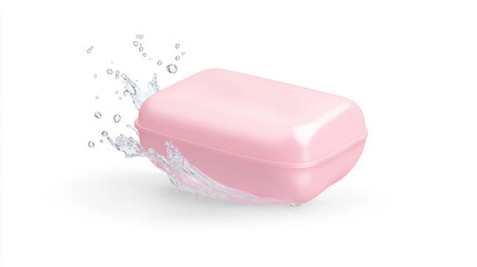 Pink soap bar water splash clean hygiene freshness isolated white background rectangular bath washing refreshing minimal smooth wet cleansing beauty skincare health liquid pure simple object