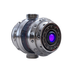 Fototapeta premium Futuristic, metallic, spherical device with a large lens. Circular design, multiple rings, and intricate details. Purple light emanating from the lens. High-tech aesthetic