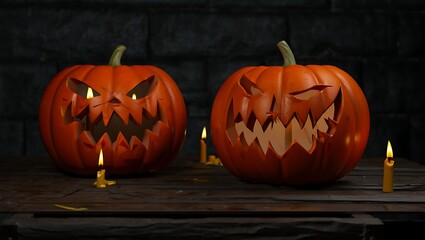 Obraz premium Menacing Halloween Jack-o'-lanterns with flickering candles on rustic wood, dark moody aesthetic.