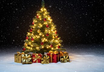 Obraz premium Christmas tree with lights and gifts in the snow.