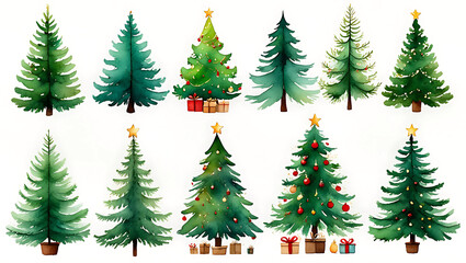 Fototapeta premium Watercolor Christmas Tree Collection Festive Holiday Design Elements for Christmas Cards and Decorations with Star Toppers and Gift Box Accents
