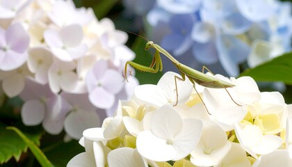 Praying mantis on hydrangea blossoms