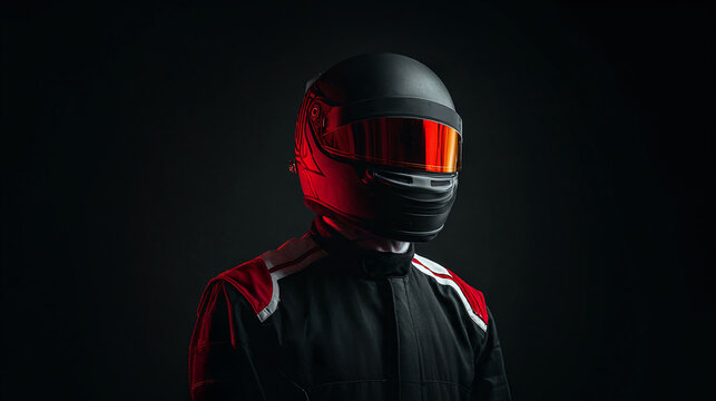 Race car driver wearing helmet and racing suit in front of black background. Intense, focused, and ready for competition on the track.