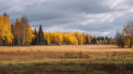 Autumn's Embrace: A golden meadow meets a vibrant forest under a cloudy sky, painting a serene landscape of seasonal transition.