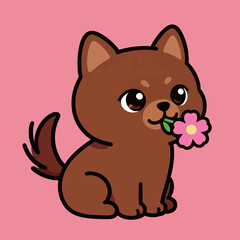 A cute cartoon brown dog with a happy expression, sitting and holding a pink flower in its mouth on a cheerful pink background.