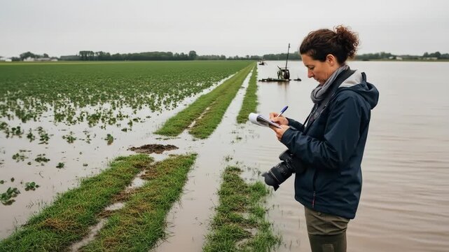 Woman taking notes in a flooded field with an overcast sky a camera in a waterlogged field