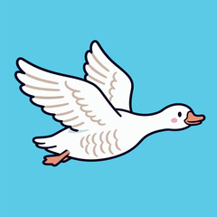 Cute white goose flying with its wings spread against a bright blue sky, in a simple and charming cartoon vector illustration.