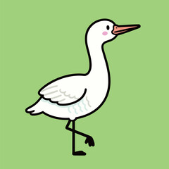 Cute cartoon white ibis standing gracefully on one leg, with a gentle and serene expression, in a simple vector illustration on a bright green background.