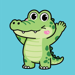 Adorable cartoon crocodile with a wide smile and waving arm, in a friendly and welcoming pose, in a cute vector illustration on a bright blue background.