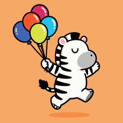 Cute cartoon zebra holding a bundle of colorful balloons and jumping happily, in a playful and festive vector illustration on an orange background.