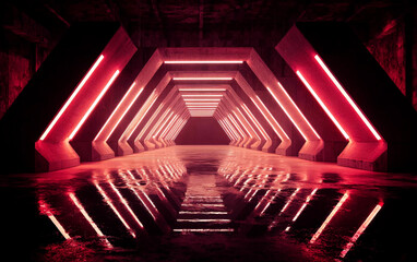 Naklejka premium Futuristic tunnel with red neon lights and reflective floor