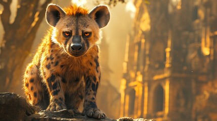 Obraz premium The scene is bathed in soft, ambient light, creating a stark contrast between the wild, untamed nature of the hyena and the ornate, historical architecture of the cathedral --ar 16:9 --stylize 750 --v