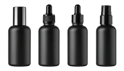 Four black cosmetic bottles, various closures
