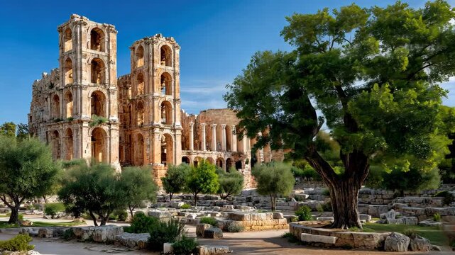 Explore ancient ruins at the stunning Herodes Atticus theater in Greece surrounded by trees and lush vegetation under a clear blue sky