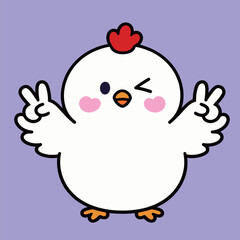 Cute cartoon white chicken winking and making a peace sign with its wings, in a cheerful and fun vector illustration on a purple background.