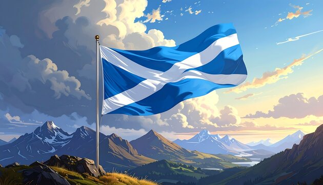 A majestic depiction of the Saltire flag, billowing proudly against a backdrop of snow-capped mountains and a tranquil valley, showcasing a vibrant and serene landscape.