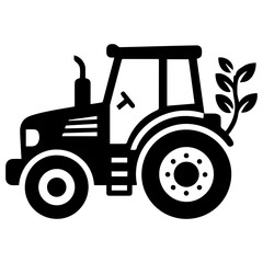 Minimal black silhouette of a tractor with plant sprouts, flat vector style, white background.