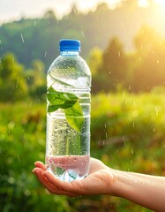 A refreshing plastic water bottle, filled with water and held in a hand, with lush greenery and rain drops in the background.