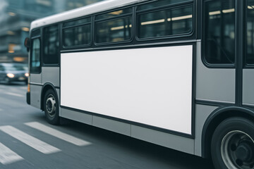Side view of city bus with large blank billboard panel for outdoor advertising mockup on urban street, clean white background ready for promotional design placement