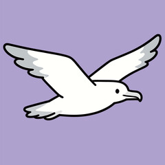 Cute cartoon white seagull in flight, with its wings spread against a light purple sky, in a simple and charming vector illustration.