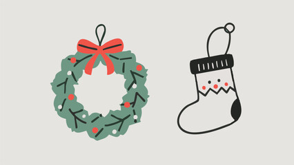 Illustrations depicting Scandinavian-style Christmas charms and accessories in a simple, minimalist style. Winter. December. New Year. Wreath. Charm. Ornament. Snowman. Present.
