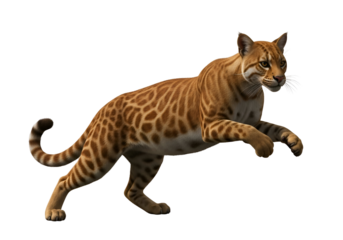 A detailed, spotted feline leaps against a pure black background, showcasing its dynamic posture and rich brown-tan fur.