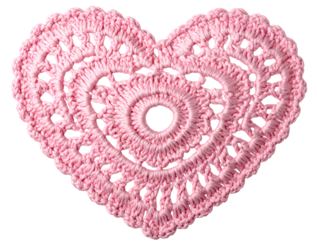 Pink crocheted heart shape with intricate pattern handmade isolated on a transparent background.
