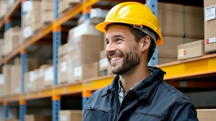 Warehouse worker checks inventory while smiling and using a tablet during a busy day in a storage facility located in an industrial area - Powered by Adobe