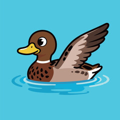 Adorable cartoon brown mallard duck with wings spread, floating peacefully on water, in a tranquil and charming vector illustration.