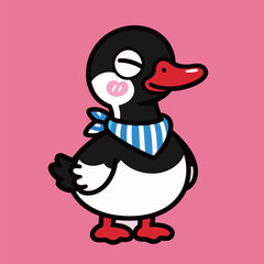 An adorable black and white cartoon duck with a red beak and a blue striped scarf, standing on a pink background, illustration in a cute and simple vector style