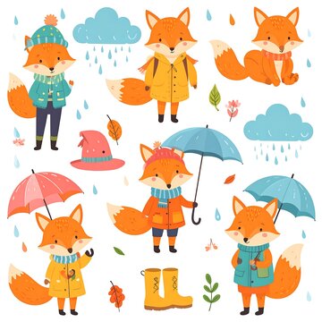 Cute foxes in autumnal outfits