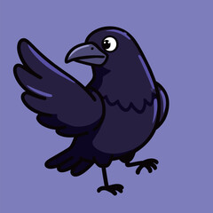 A simple vector cartoon of a purple crow standing with one wing raised as if waving, on a vibrant lavender background, showing a friendly and playful personality