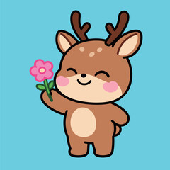 A sweet cartoon baby deer with antlers, holding a pink flower in its hand, with a shy but happy smile, isolated on a bright blue background, vector illustration