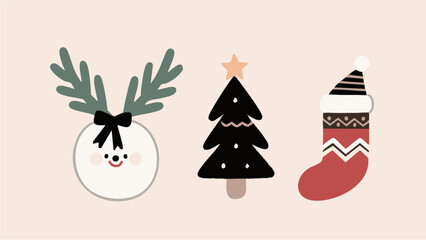 Illustrations depicting Scandinavian-style Christmas charms and accessories in a simple, minimalist style. Winter. December. New Year. Wreath. Charm. Ornament. Snowman. Present.
